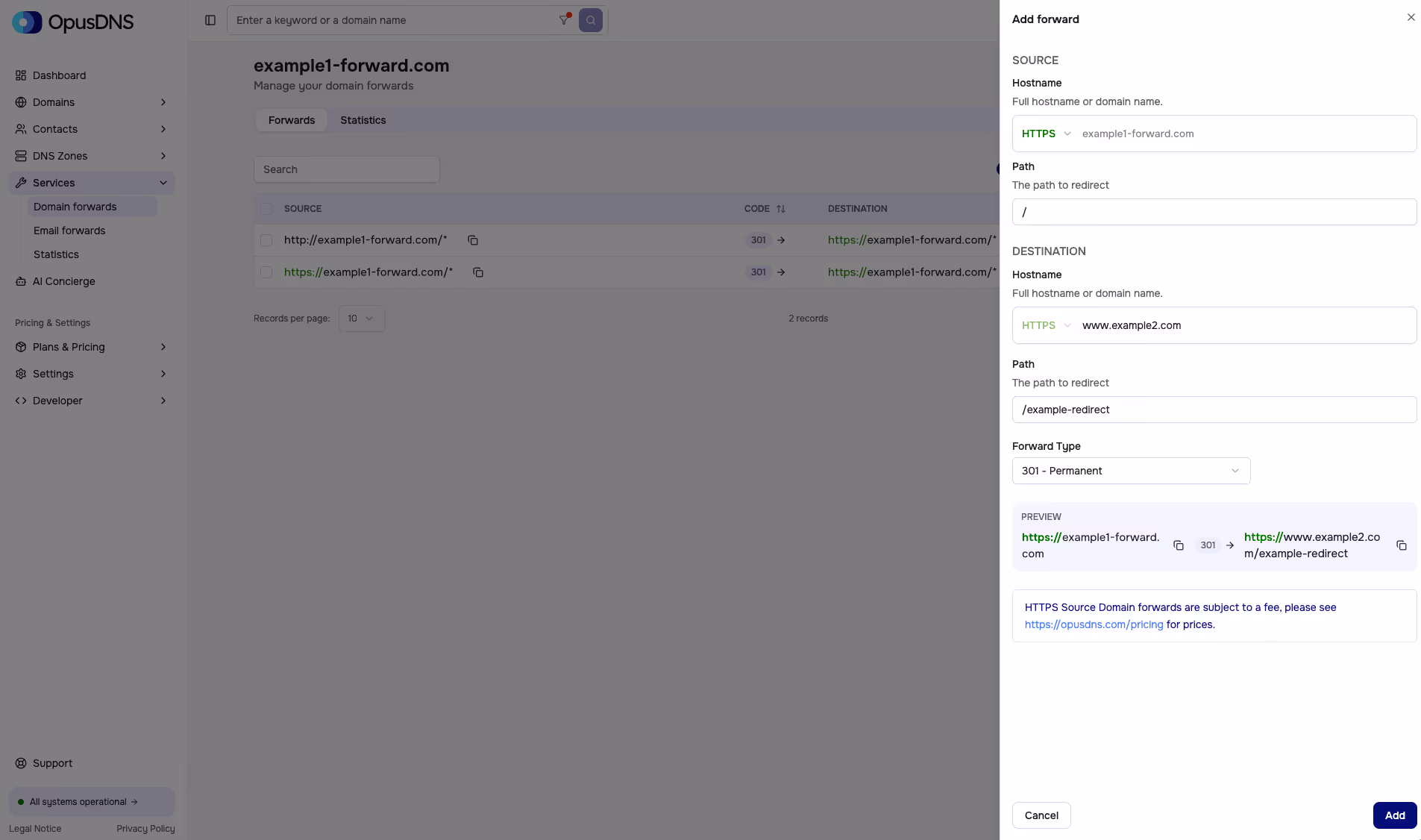 OpusDNS Dashboard showing the Domain Forwards