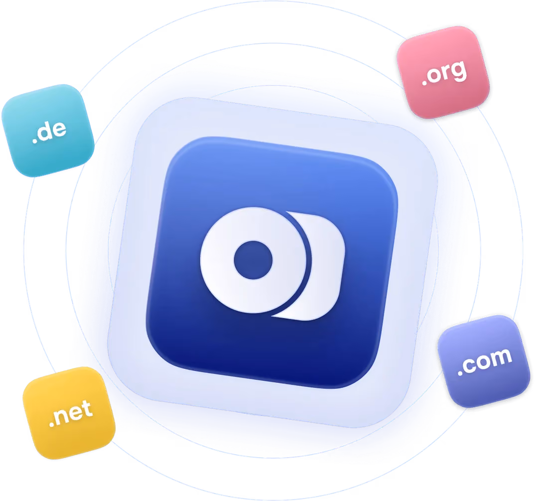 Blue app icon with circular design surrounded by floating domain extensions: .de, .org, .net, and .com