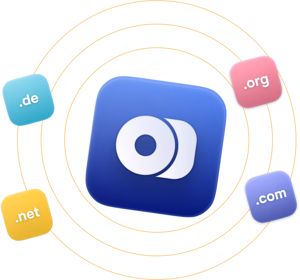 Blue app icon with circular design surrounded by floating domain extensions: .de, .org, .net, and .com