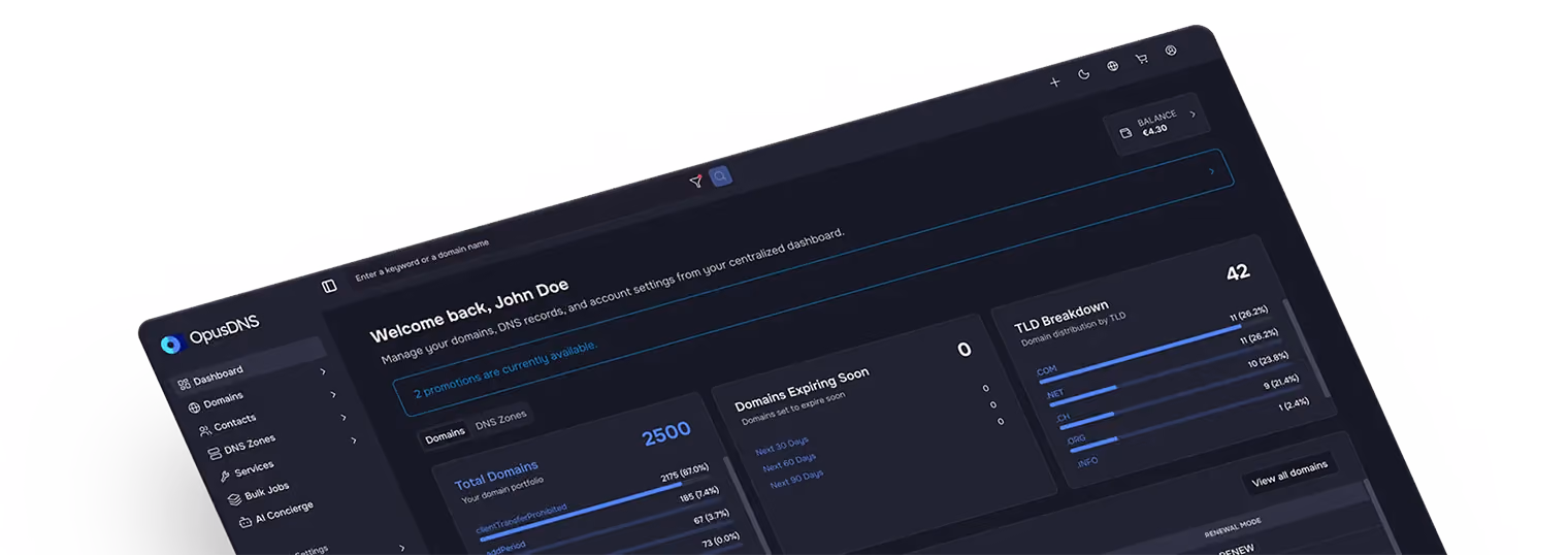 OpusDNS dashboard interface showing domain management stats and TLD breakdown with dark mode design.