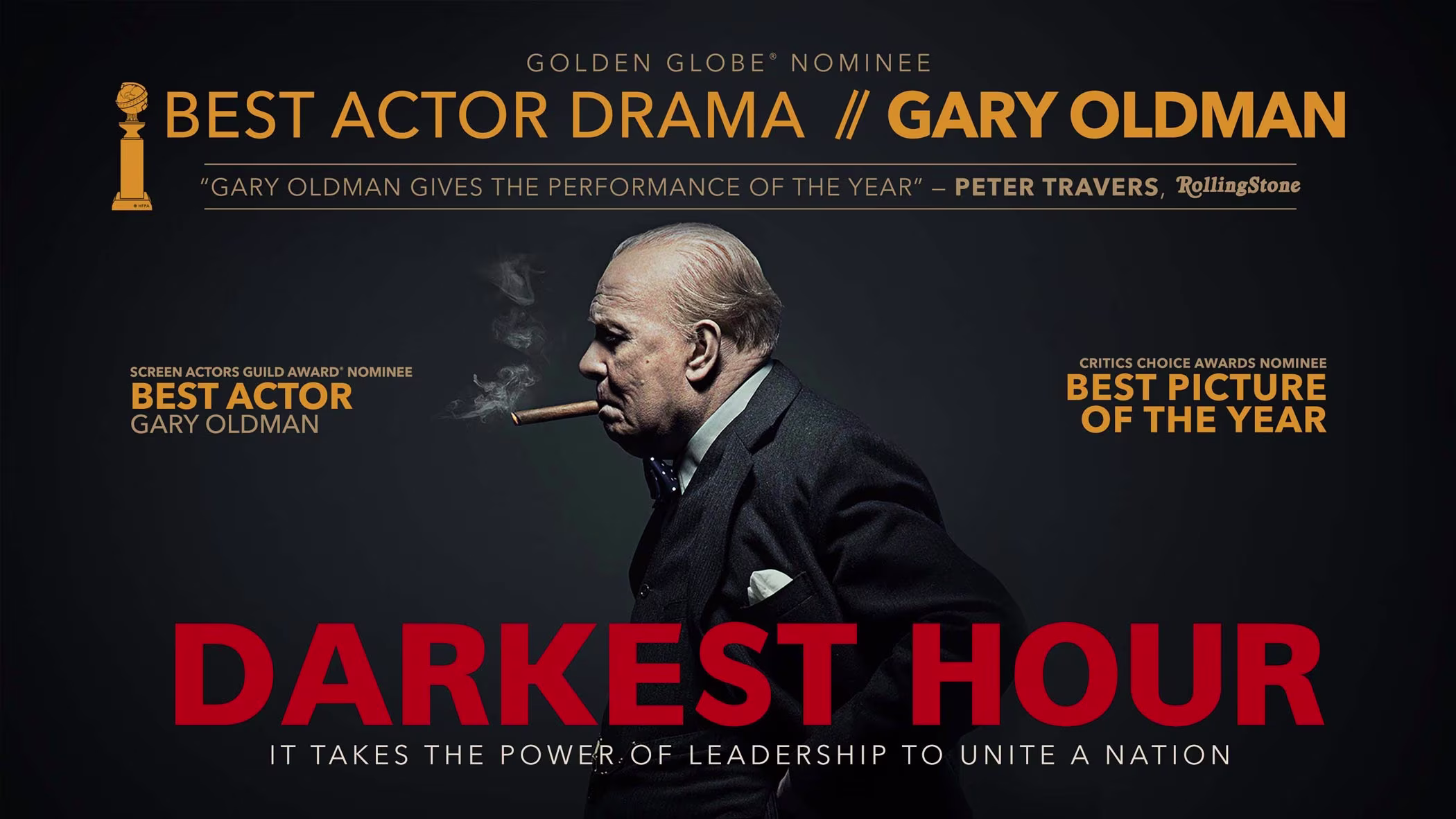 Darkest Hour movie poster featuring Gary Oldman as Winston Churchill - Golden Globe Best Actor Drama nominee