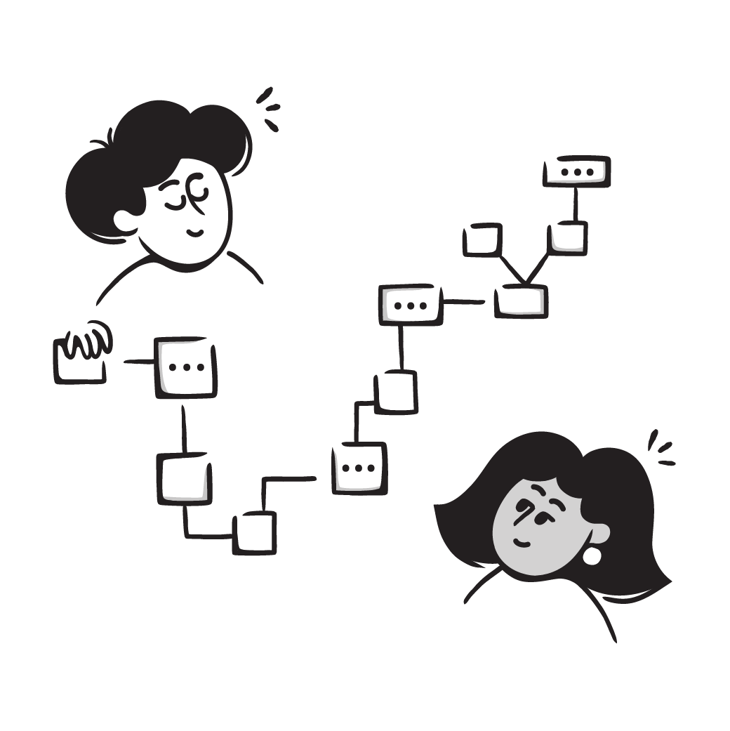 Illustration of two people connected by a flowchart with blocks and arrows representing a workflow or process.