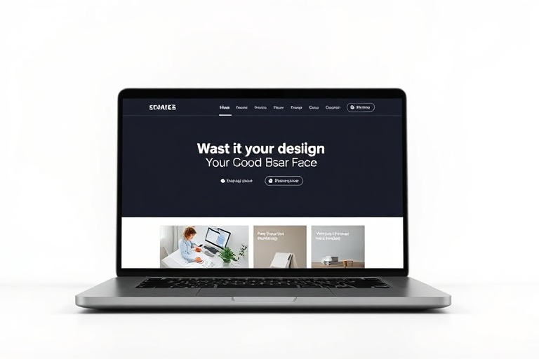 Laptop on a white surface displaying a dark-themed website homepage with text and images.