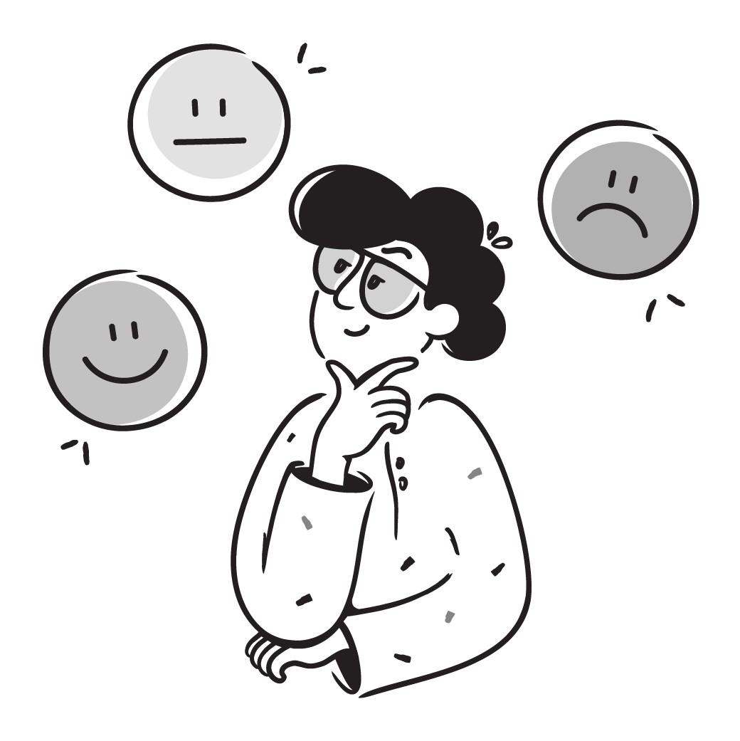 Illustration of a person thinking with three floating emoticons around: happy, neutral, and sad faces.