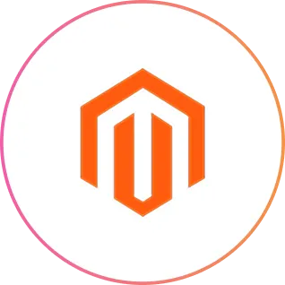 Orange Magento logo with stylized M inside hexagon on white background with gradient border.