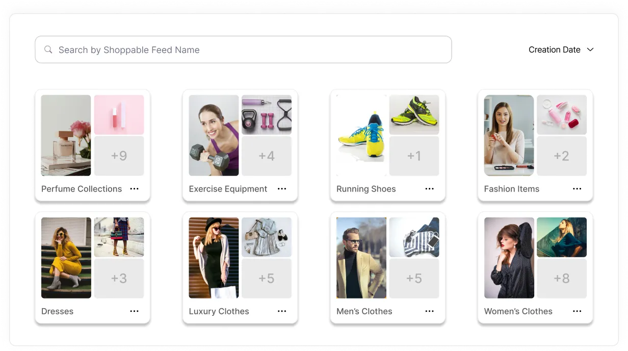 Shoppable feed interface with categories including Perfume Collections, Exercise Equipment, Running Shoes, Fashion Items, Dresses, Luxury Clothes, Men's Clothes, and Women's Clothes, each showing a preview of related images and additional item counts.