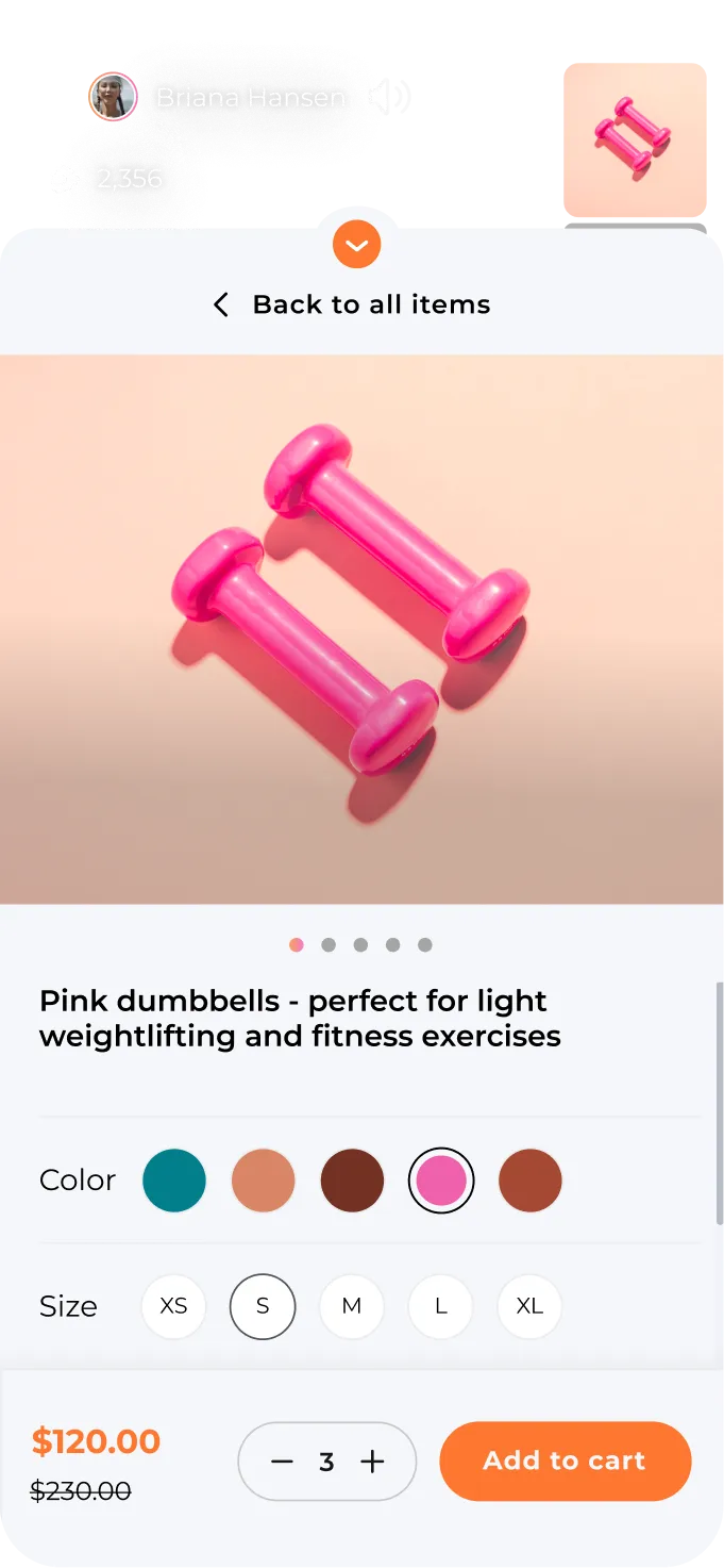 Pair of pink dumbbells on a light peach background, shown in an online store interface with color and size options available.