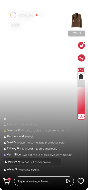 Live shopping chat interface showing brown blazer, user comments about the coat, and interaction icons including cart and share buttons.