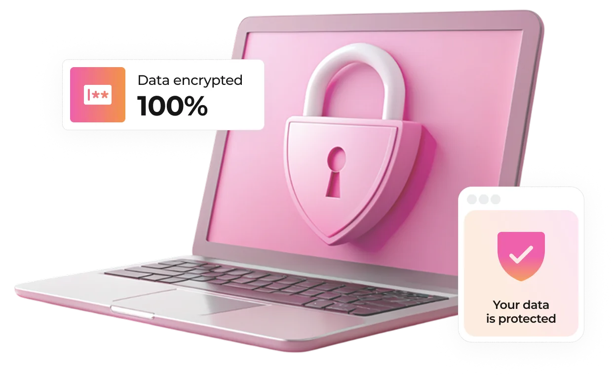Pink laptop with a large padlock icon on screen and labels indicating data encrypted 100% and your data is protected.