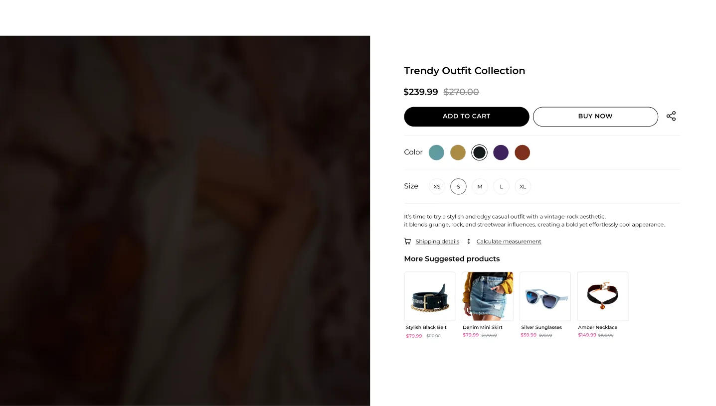 Online store page showing Trendy Outfit Collection priced at $239.99 with color and size options, add to cart and buy now buttons, and suggested products including belt, mini skirt, sunglasses, and necklace.