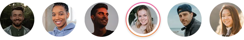 Row of six circular headshots showing diverse smiling young adults, the fourth image highlighted with a colorful ring.