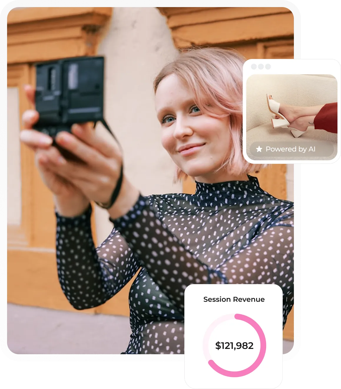 Young woman with short pink hair taking a selfie with a vintage camera in front of a yellow building.