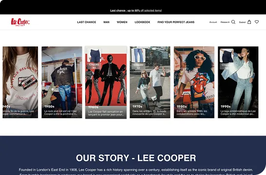 Lee Cooper website timeline displaying fashion styles from the 1940s to 1990s with images of people wearing denim and vintage clothing.