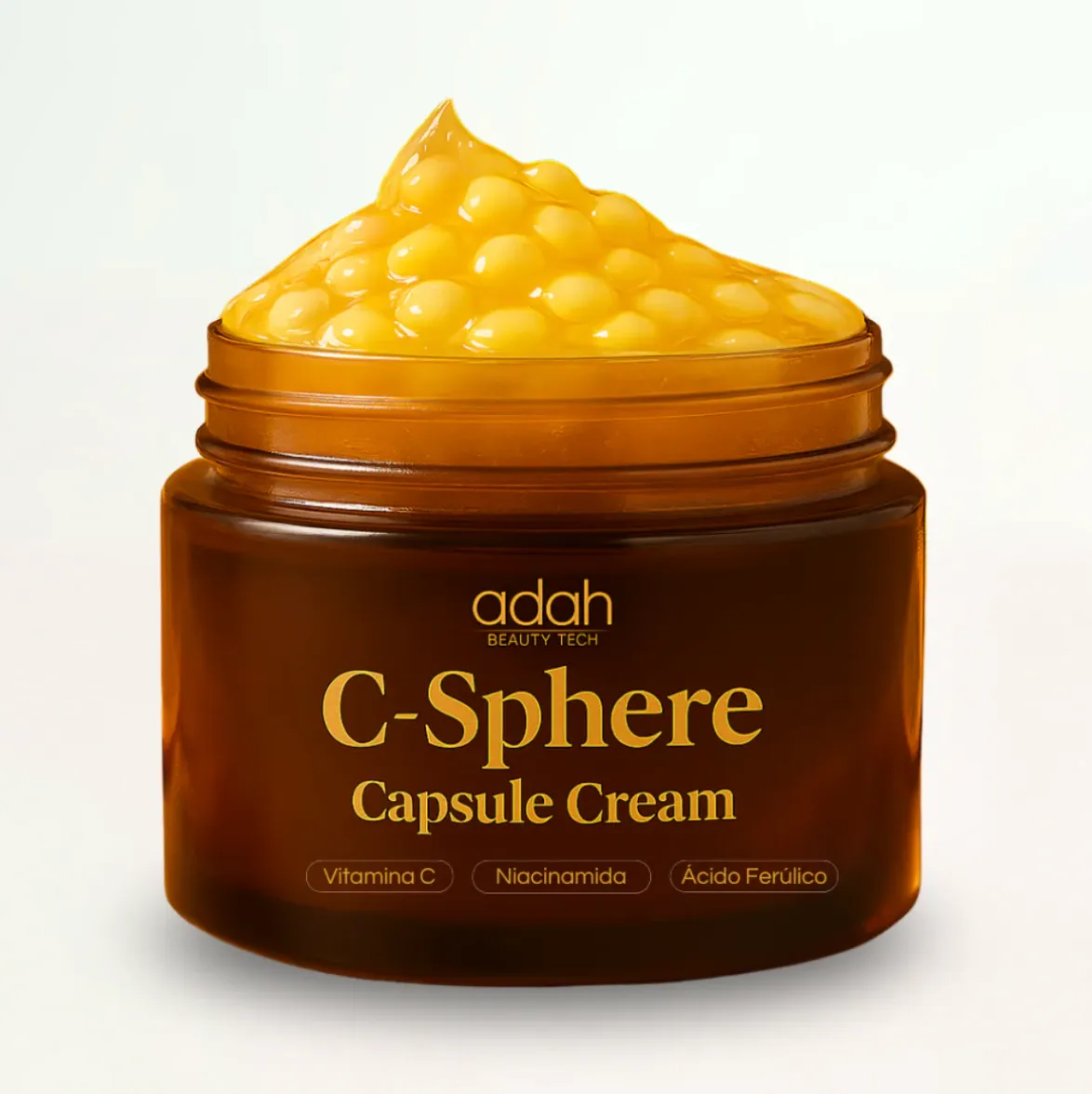 Brown jar of Adah Beauty Tech C-Sphere Capsule Cream with yellow capsule-like cream on top, containing Vitamin C, Niacinamide, and Ferulic Acid.