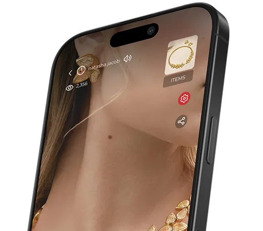 Close-up of a smartphone screen showing a woman's face with gold jewelry and app interface icons for items and sharing.