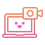 Pink video call icon showing a computer screen with a play button and chat bubbles.