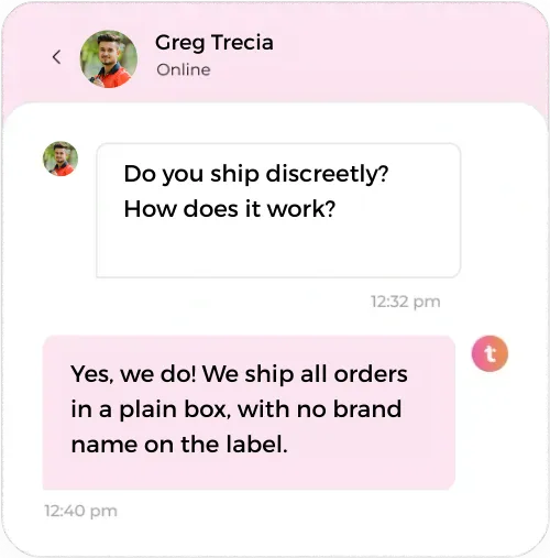 Chat conversation with Greg Trecia asking about discreet shipping and a reply confirming all orders ship in plain boxes without brand names on labels.