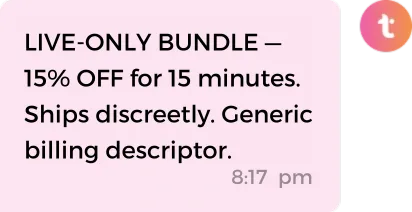 Text message offering a live-only bundle with 15% off for 15 minutes, discreet shipping, and generic billing descriptor.