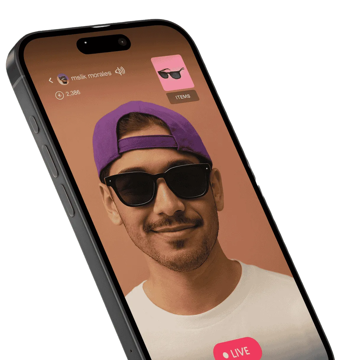 Smartphone screen showing a live video of a smiling man wearing a purple backward cap and black sunglasses.