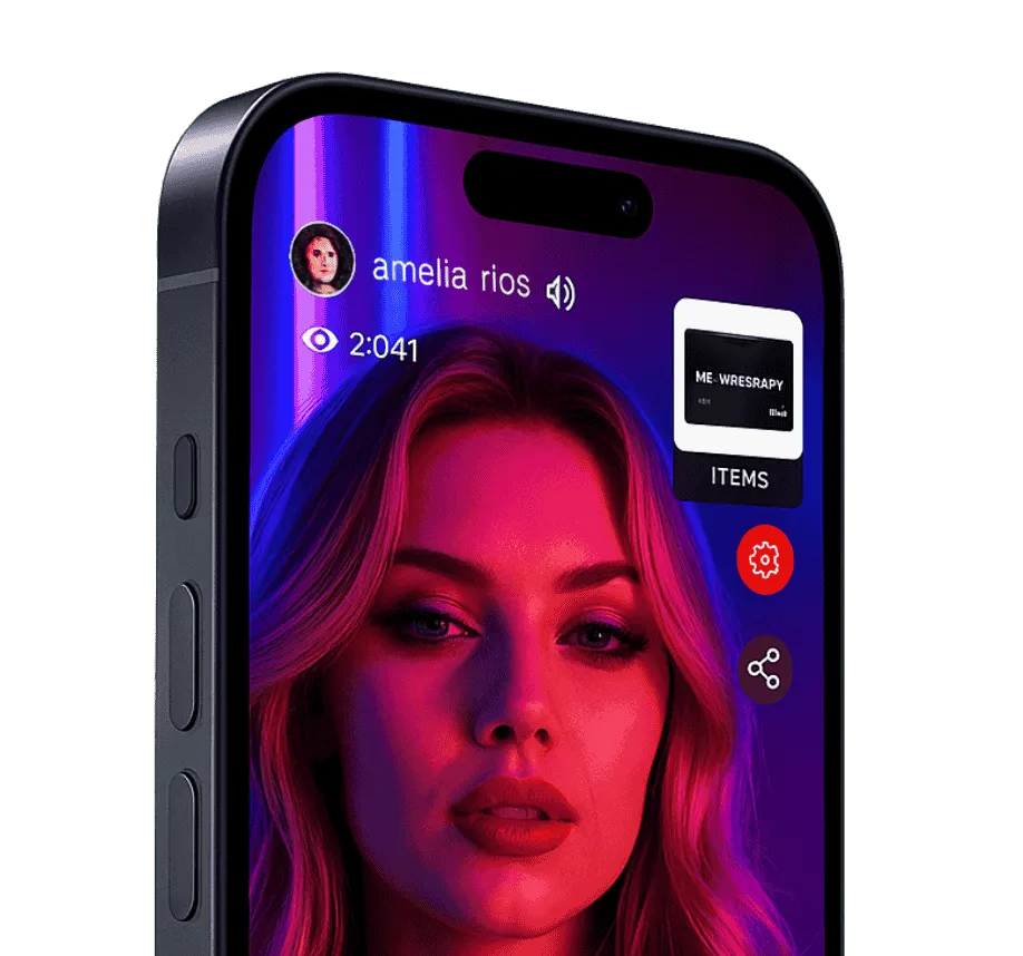 Close-up of a smartphone screen showing a video call with a woman named Amelia Rios in purple and pink lighting, with user interface icons on the right.