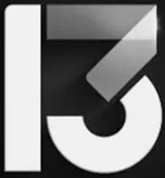 Stylized white number 13 on a black square background with gradient shading.