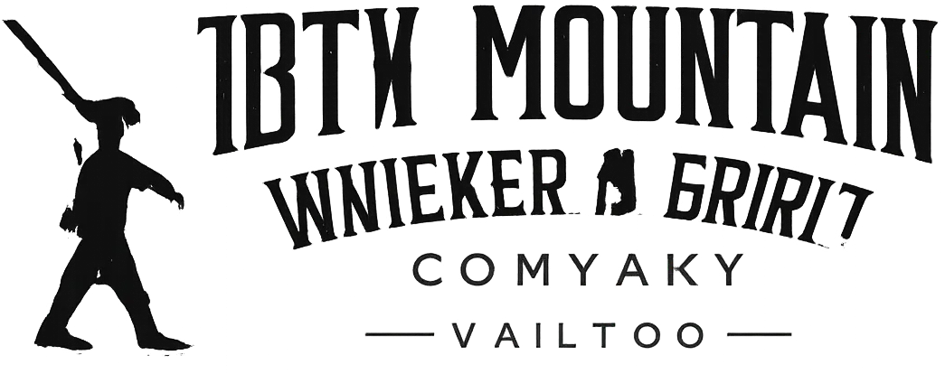 Silhouette of a person pointing a long object upward alongside stylized text reading 'IBTX MOUNTAIN WINIEKER GRIRILT COMYAKY VAILTOO'.