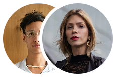 Two overlapping circular portraits, one of a young man with glasses and a necklace, and the other of a woman with earrings and a black top.