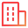 Red outlined icon of a building with multiple windows and an adjoining smaller section.