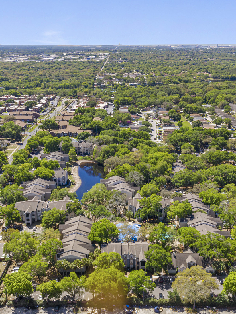 Aerial view of a residential neighborhood with rows of houses surrounded by dense green trees and small ponds under a clear blue sky.