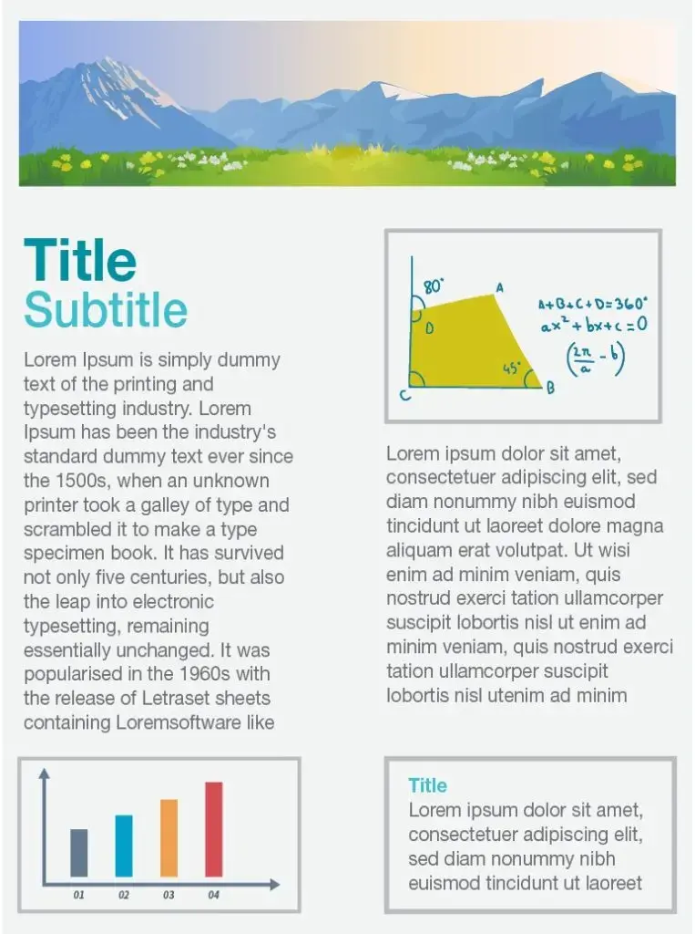 Mountain landscape bg with flowers. Teal title/subtitle on Lorem Ipsum. Yellow quad diagram (A-D, 80°/45°/45°, sum=360°, Pythag eq). Bar chart (gray/blue/orange/red bars, 01-04)