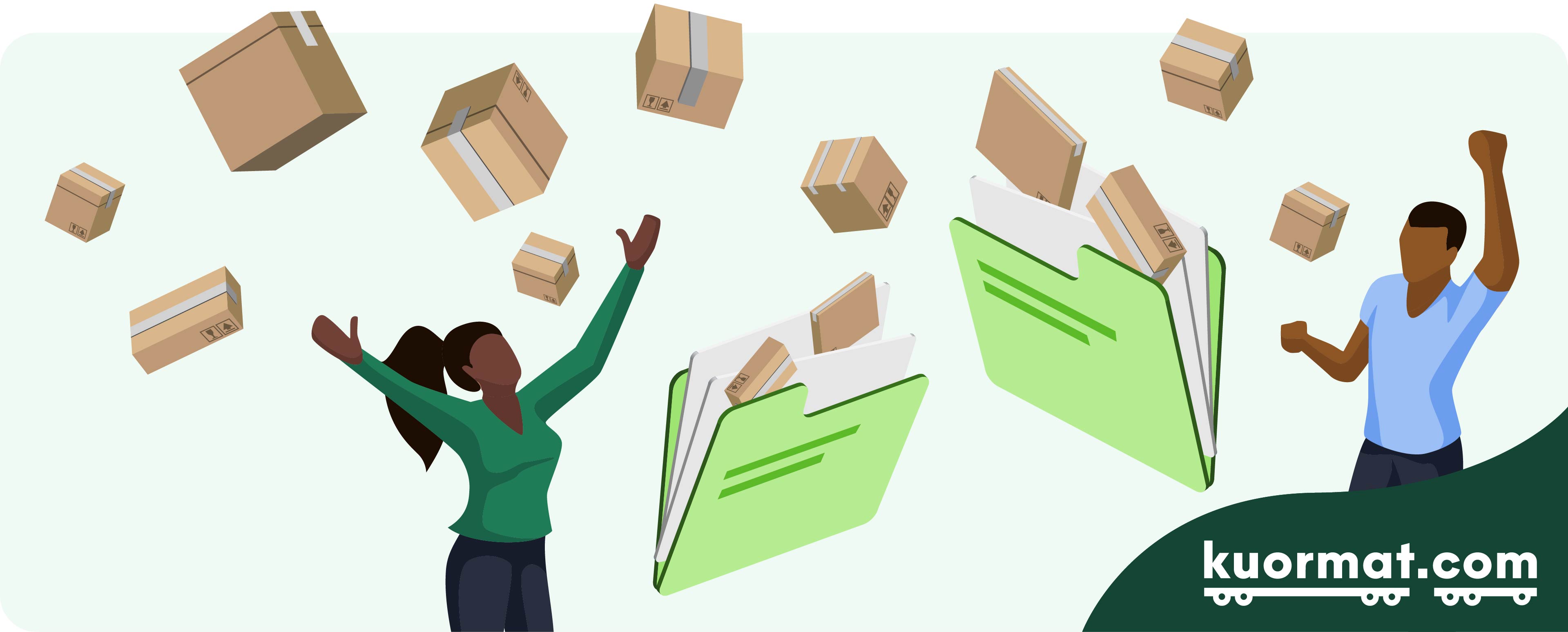 Illustraatio kahdesta ihmisestä, joiden ympärillä leijuu paketteja ja tiedoston kuvia. 