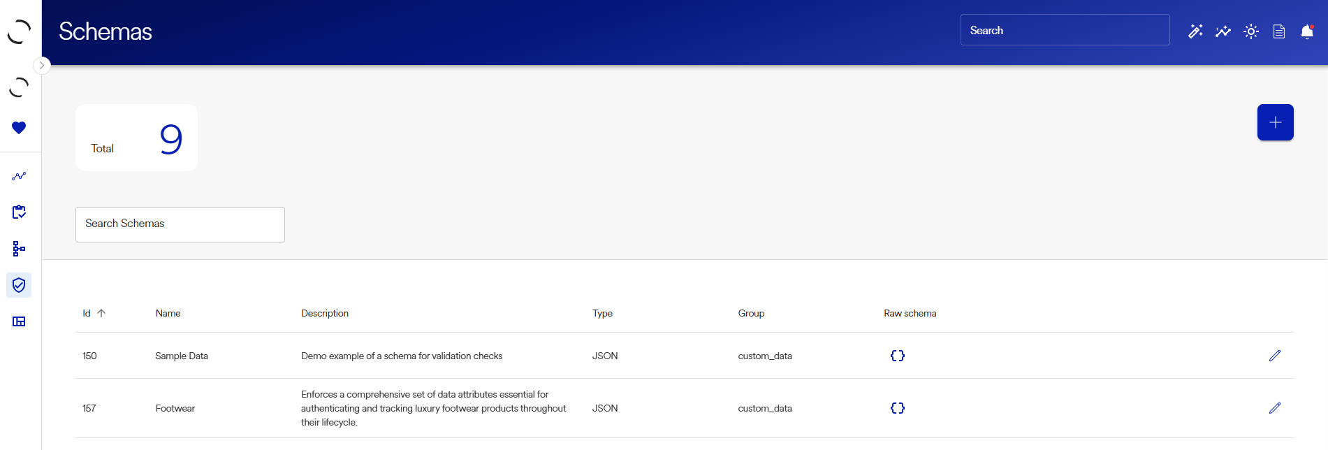 Schemas list view and New Schema screen