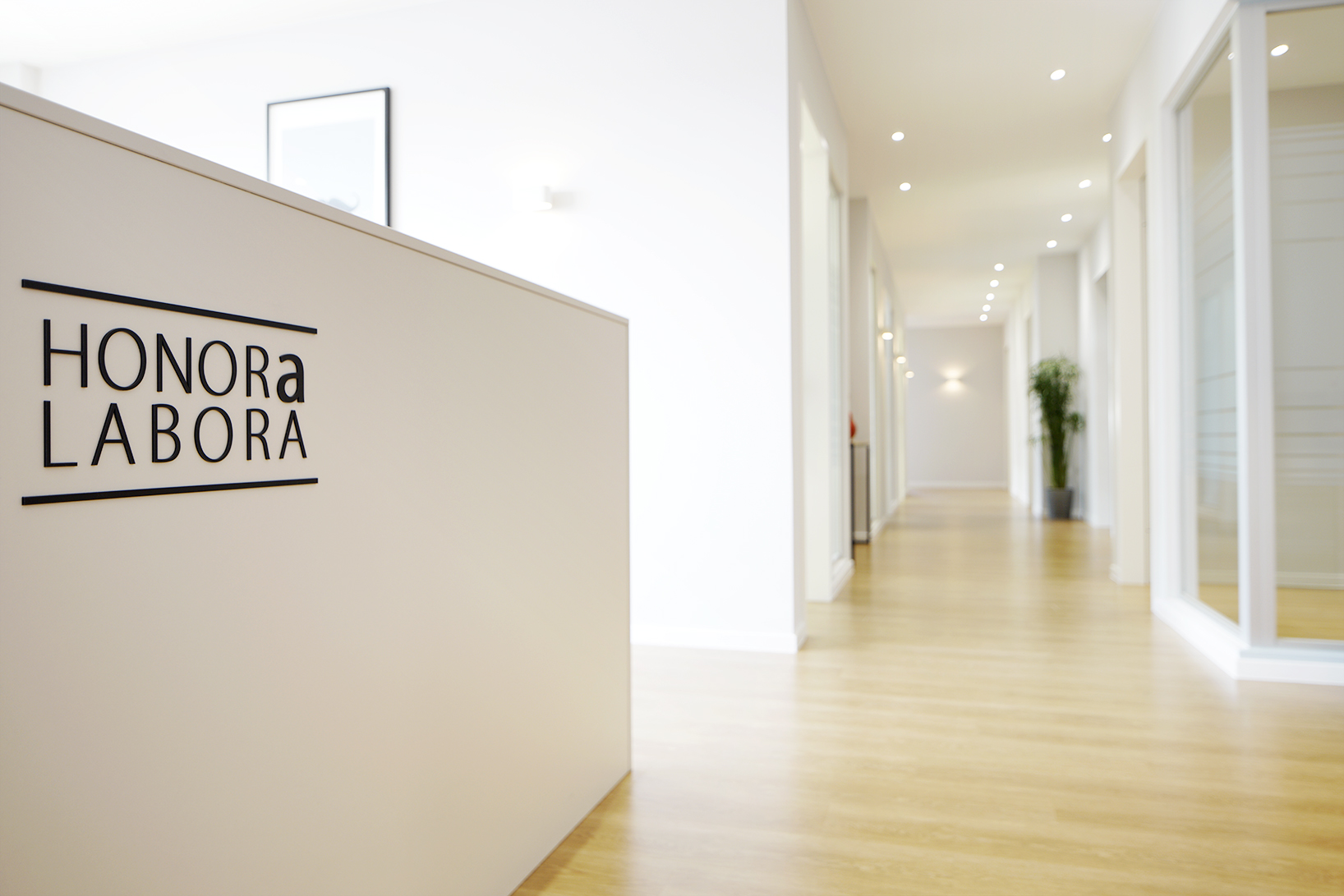Moderne Praxisrezeption mit weißem Empfangstresen mit der Aufschrift „HONORA LABORA“, Holzboden sowie hellem Flur mit gerahmten Bildern und dekorativen Vasen.