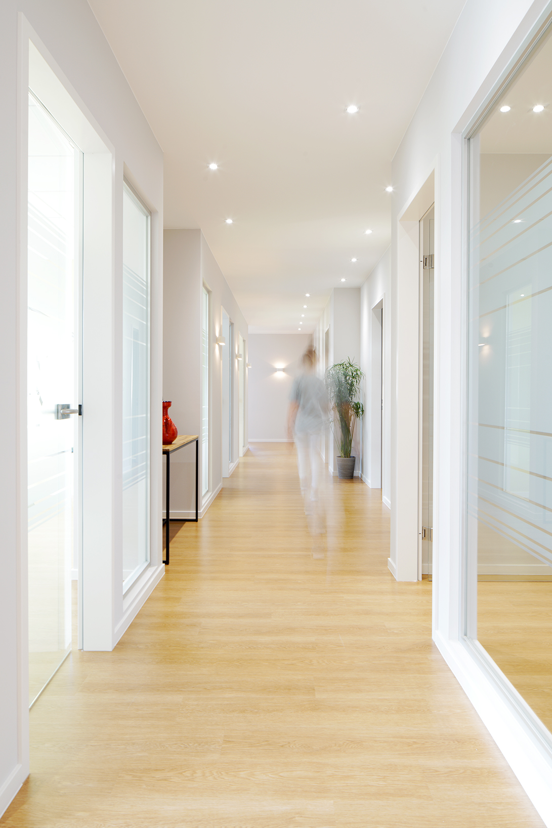 Heller, moderner Flur mit Holzboden, Glastüren, einer roten Vase auf einem kleinen Tisch, einer Pflanze sowie einer unscharfen Person im Hintergrund.