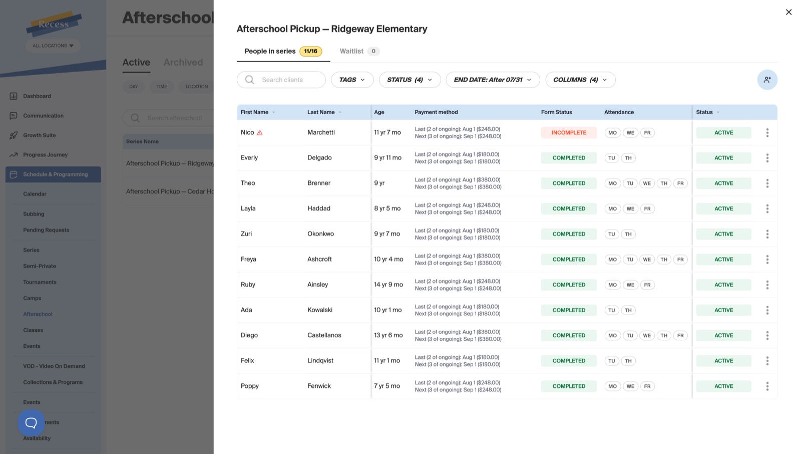 The afterschool section of Recess, listed in the sidebar beside camps, tournaments and events, with a series drawer open on Afterschool Pickup at Ridgeway Elementary showing eleven of sixteen places filled and an empty waitlist, over a table of the children with age, a payment method column giving each one's last and next ongoing instalment at its own amount, a form status column reading completed on ten rows and incomplete in red on one, attendance day chips such as Monday Wednesday Friday or Tuesday Thursday, and an active status on every row