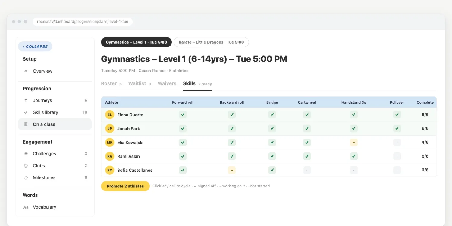 The levels and skills editor in Recess, showing a level's skills and the conditions for moving up