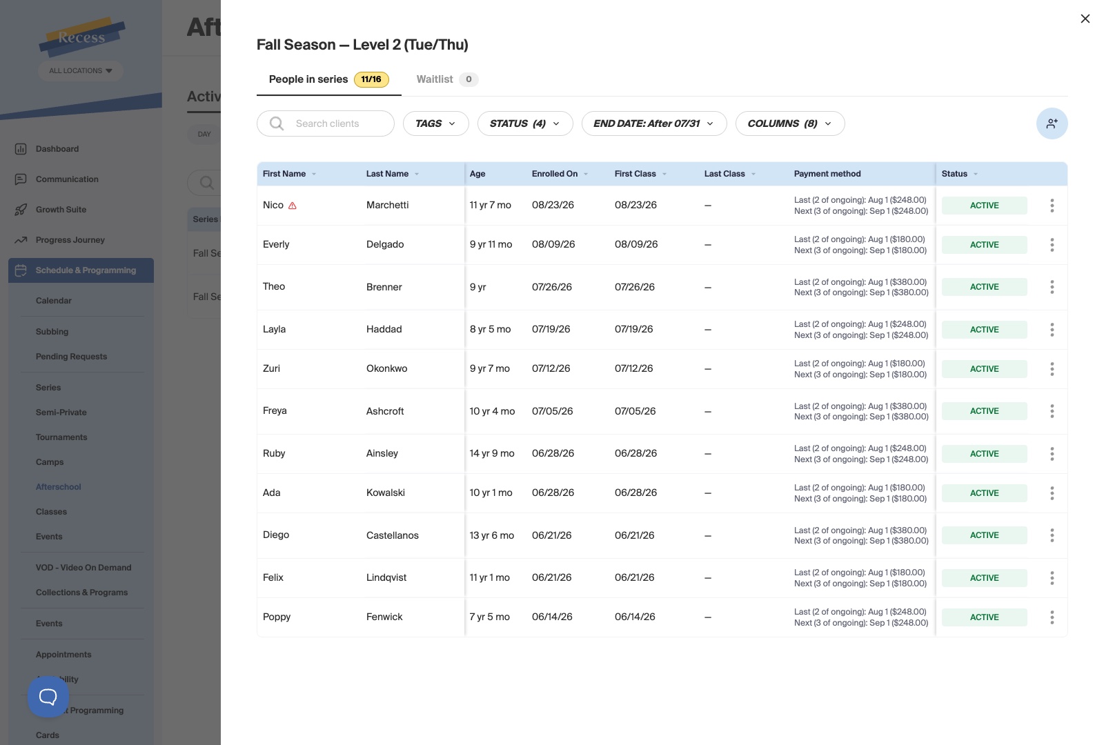 A fall season in Recess with the enrollment drawer open, showing eleven of sixteen places filled, when each family enrolled and their payment schedule