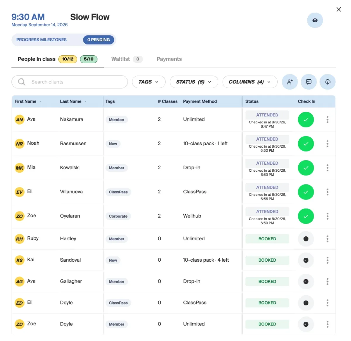 A class roster in Recess with ten of twelve places taken, five people marked attended with the minute each of them checked in and five still showing as booked, and the pack, membership or pass each is using beside their name