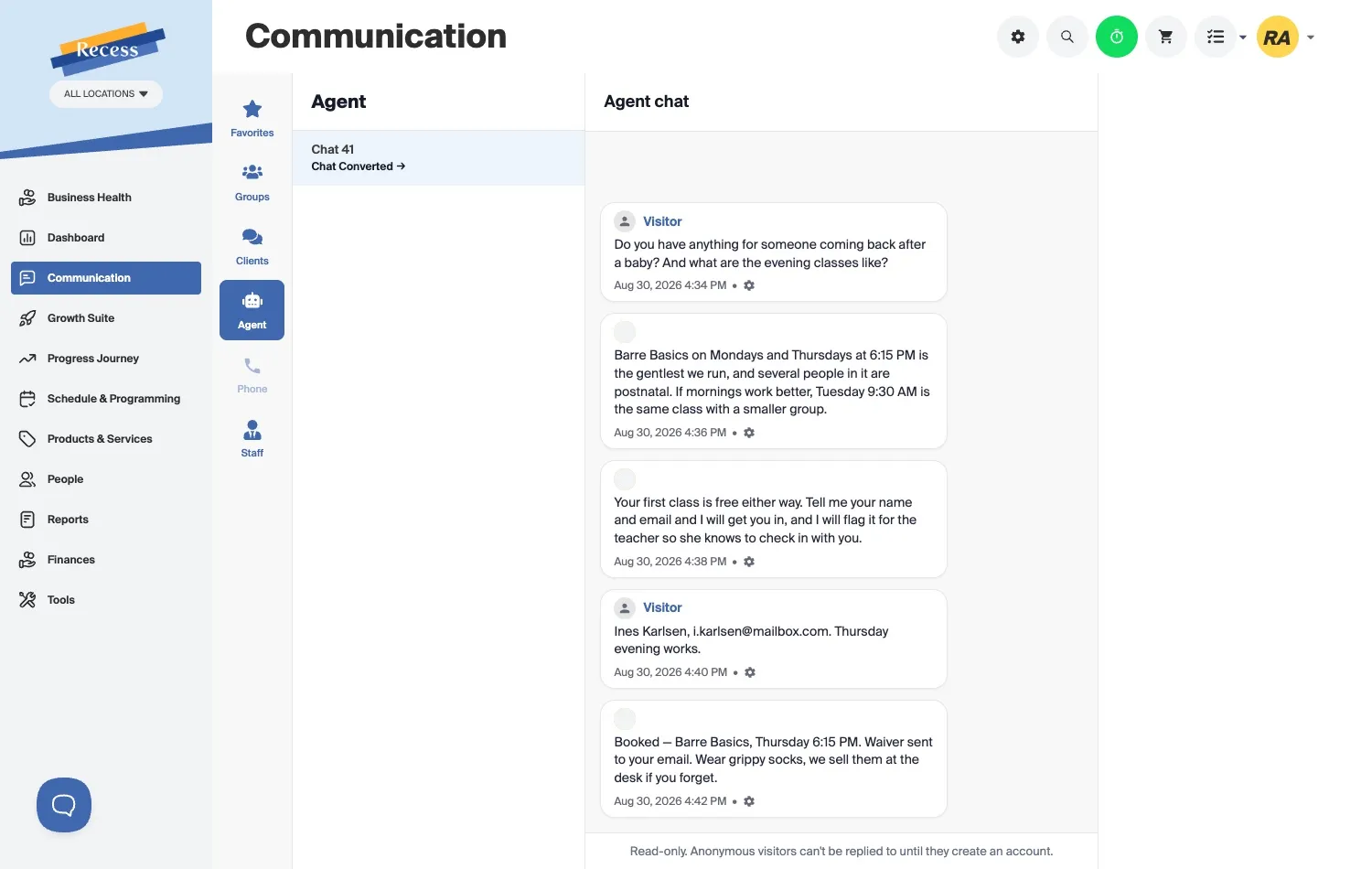The Recess lead agent answering a visitor's question about beginner classes and booking her an intro class, with the conversation marked as converted