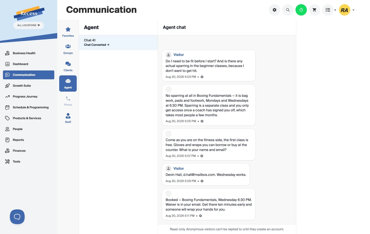 The Recess agent chat, where a visitor asking whether he needs to be fit and whether beginners spar is told Boxing Fundamentals is bag work, pads and footwork on Mondays and Wednesdays at 6:30 PM, then gives his name and email and is booked into Wednesday with the waiver sent to him