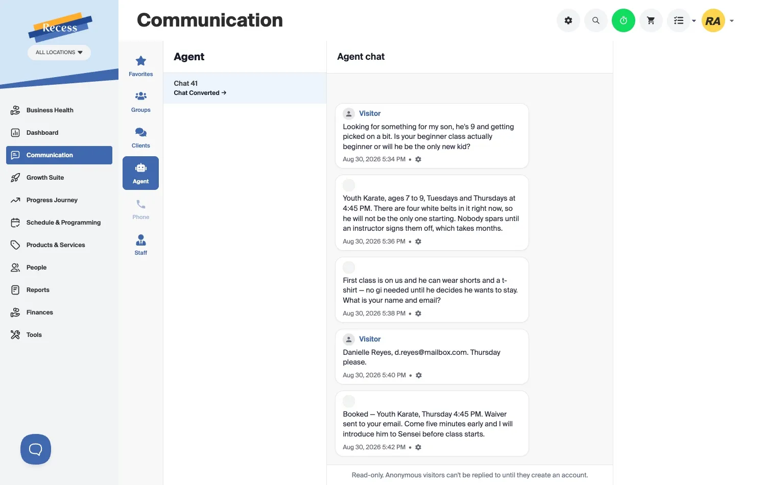 The Recess lead agent in a converted chat, answering a mother whose nine year old is being picked on: it names the Youth Karate class with its days and time, says four white belts are already in it, explains that nobody spars until an instructor signs them off, then books him in and sends the waiver to her email