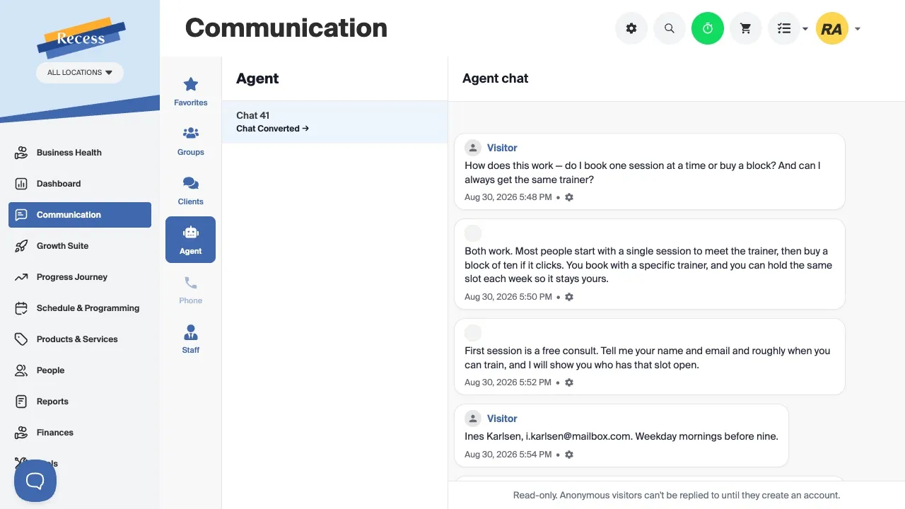 The Recess lead agent in the studio inbox, answering a visitor's question and turning the conversation into a booking