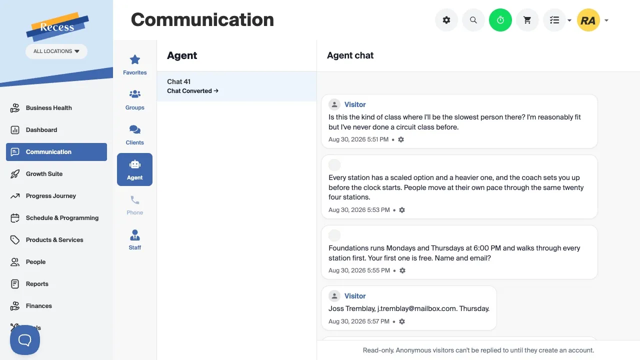 The agent chat panel in Recess, where a visitor asking whether there is anything for a complete beginner is given the class times that suit, offered a held spot, and booked into her first class with the waiver sent to her email