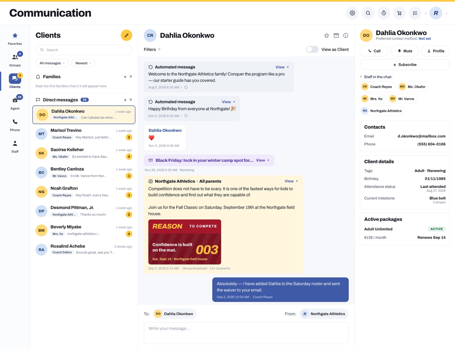 The communication centre in Recess: a list of client threads on the left, and one member's thread carrying an automated welcome, an automated birthday message, a marketing email and a group broadcast sent to 214 parents, all filed in the same place as the coach's own reply. Her details sit beside it, with her tags, birthday, when she last attended, her current belt and the membership she is on with its price and renewal date