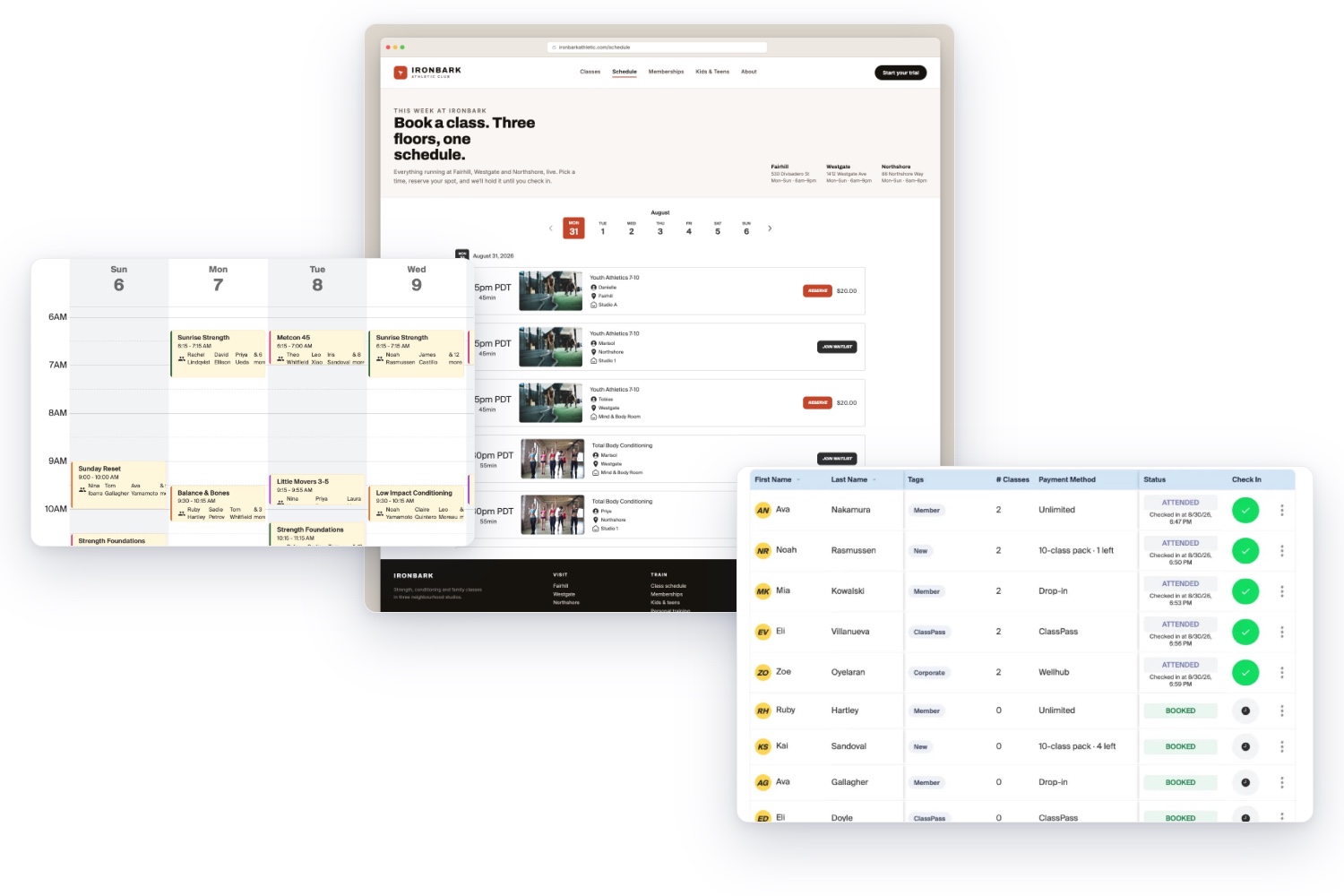 Three views of one schedule: a studio's own website with its classes bookable on the page under its own name and brand colour, the staff calendar showing a full week with the members booked into each class, and a class roster where five people are marked attended with the minute they checked in and five are still booked, each on their own membership, class pack, drop in, ClassPass or corporate pass