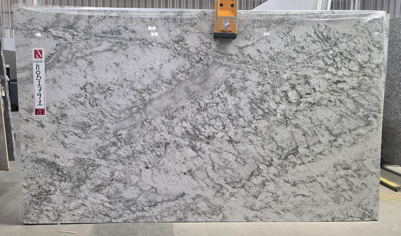 Full slab of Antico white granite with bold gray veining, a QBC countertop package option