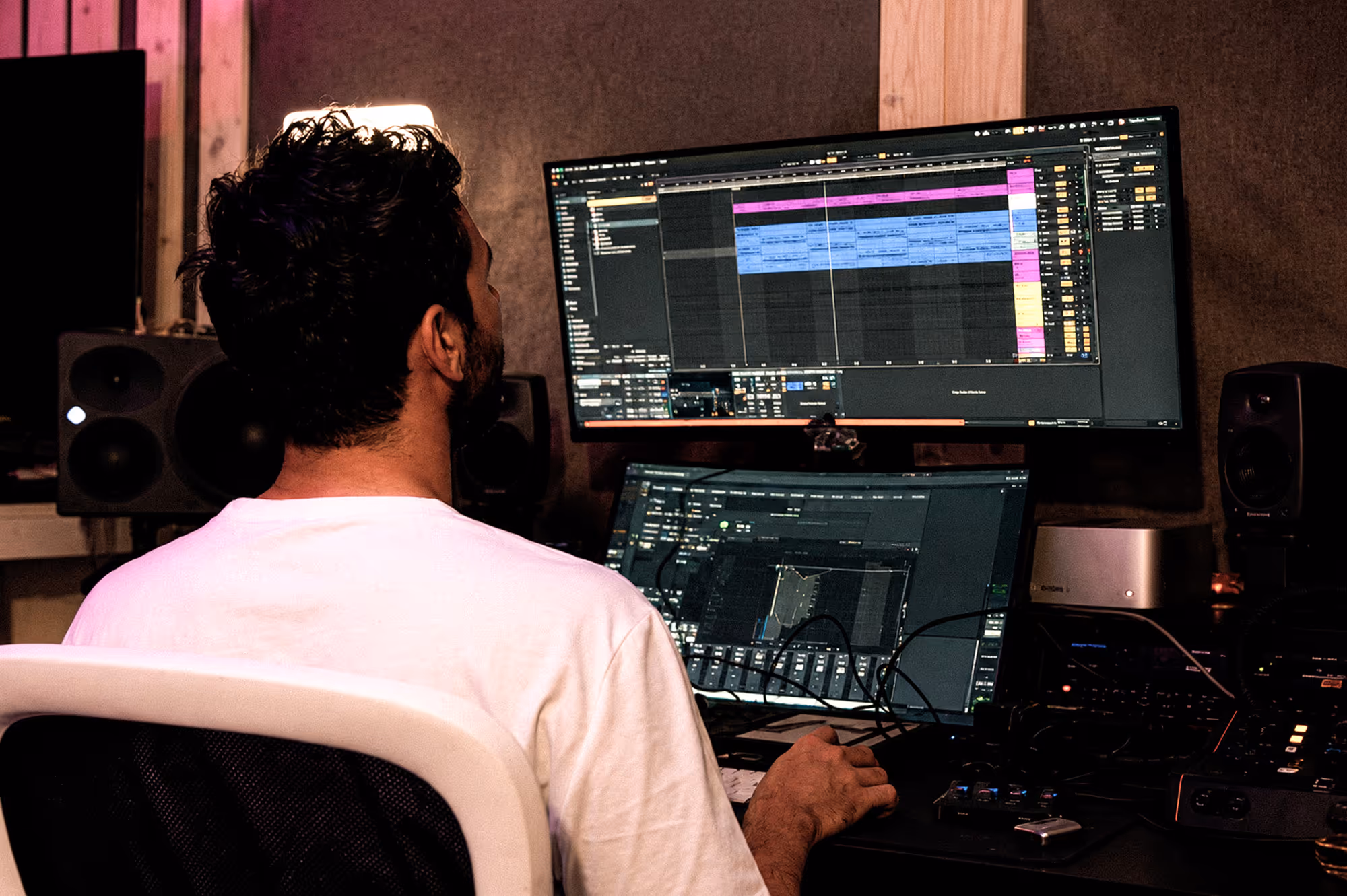 Man in a white shirt working on music production with two monitors and studio speakers.