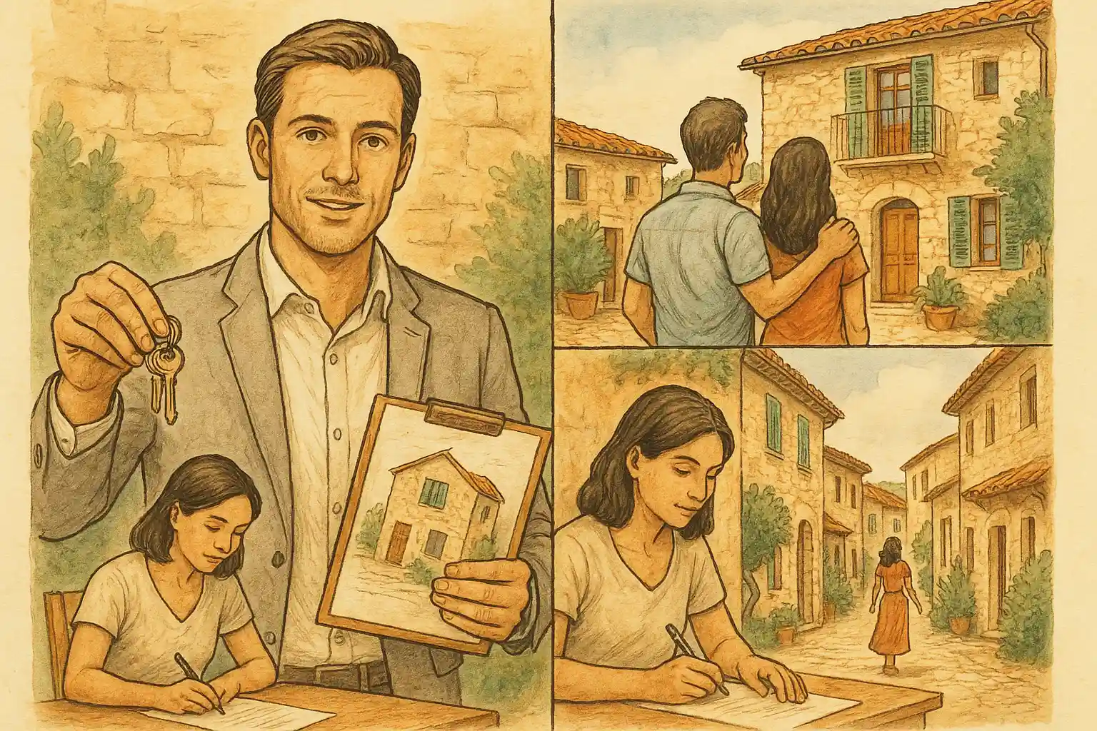 Pareja firmando documentos y recibiendo llaves de su vivienda tras obtener la cédula de habitabilidad en Mallorca