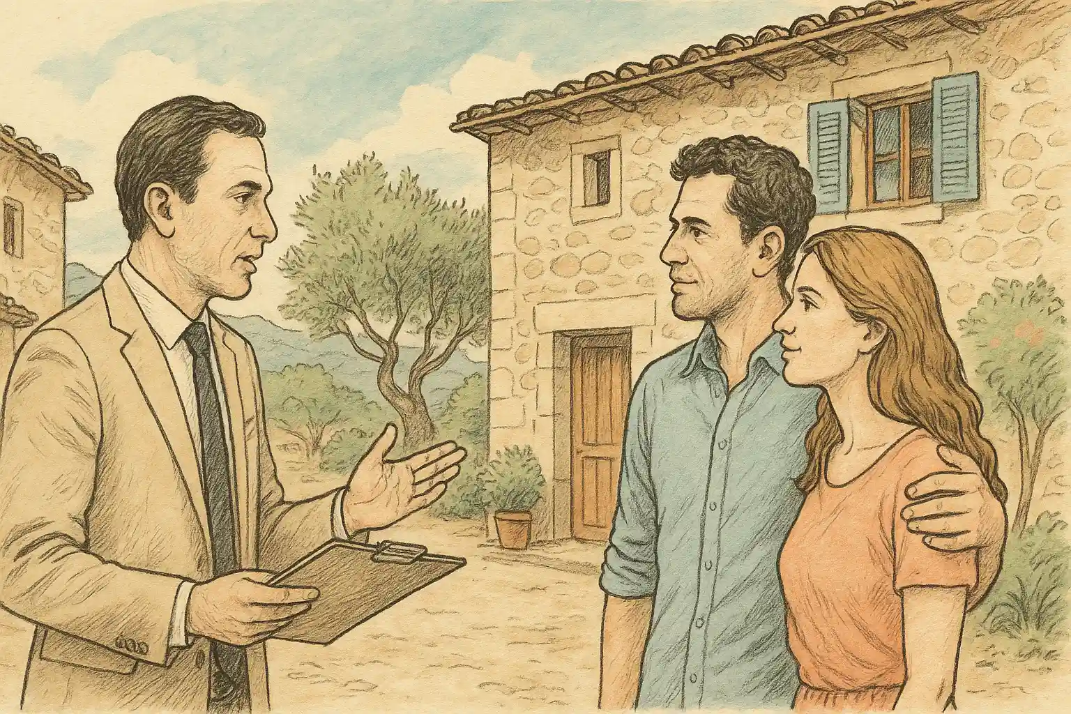 Inspector explicando a una pareja los requisitos para la cédula de habitabilidad en Mallorca