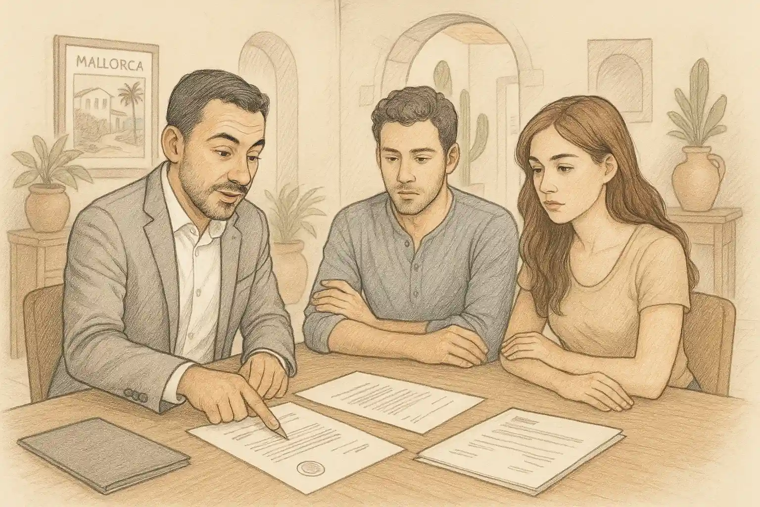 Asesor inmobiliario explicando la cédula de habitabilidad a una pareja en Mallorca